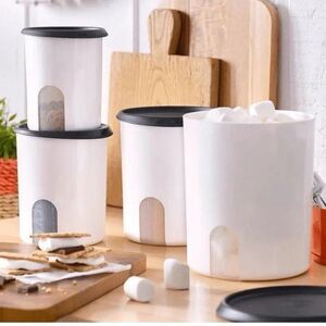 NIB Tupperware One Touch Reminder Canister Set White and Black